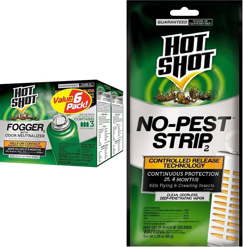 Hot Shot Fogger with Odor Neutralizer, Kills Roaches, Ants, Spiders  Fleas, Controls Heavy Infestations, 3 Count, 2 Ounce Pack of 2  No-Pest Strip, Pack of 1