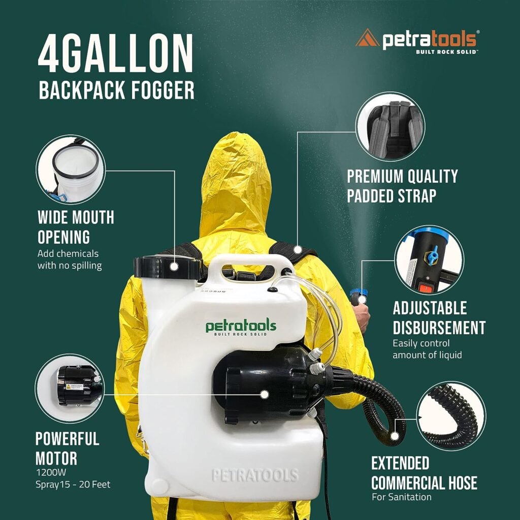 PetraTools Electric Fogger Machine, Mosquito Fogger Machine, Insect Fogger Backpack Sprayer - ULV Fogger with Extended Commercial Hose  Padded Straps (4 Gallon)