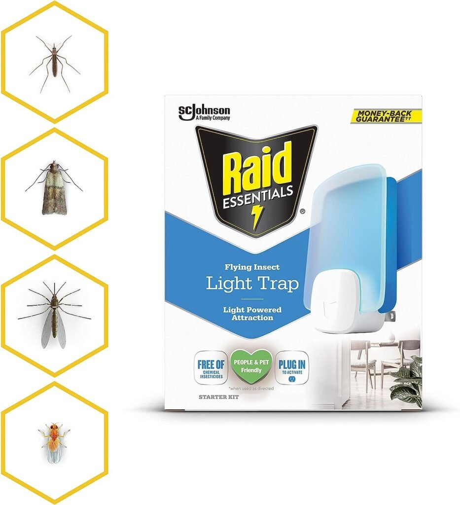 Raid Essentials Flying Insect Light Trap Starter Kit, 1 Plug-in Device + 1 Cartridge, Featuring Light Powered Attraction